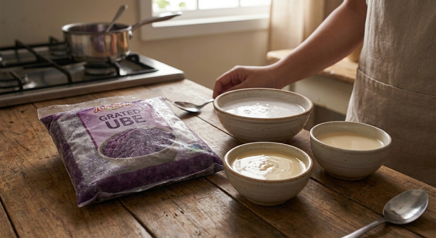 Package of frozen grated ube on a kitchen counter next to small bowls of coconut milk, condensed milk, and evaporated milk