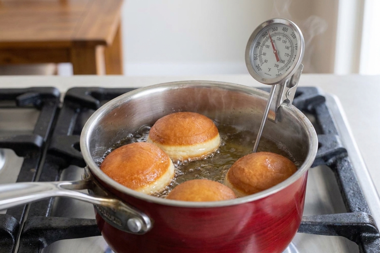 Paczki frying in hot oil in a deep pot with a thermometer, turning golden brown