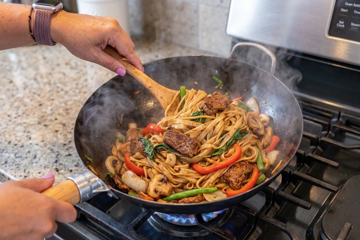 Pad kee mao cooking in a wok with wide rice noodles and vegetables being tossed with a spatula over a gas stove, steam rising
