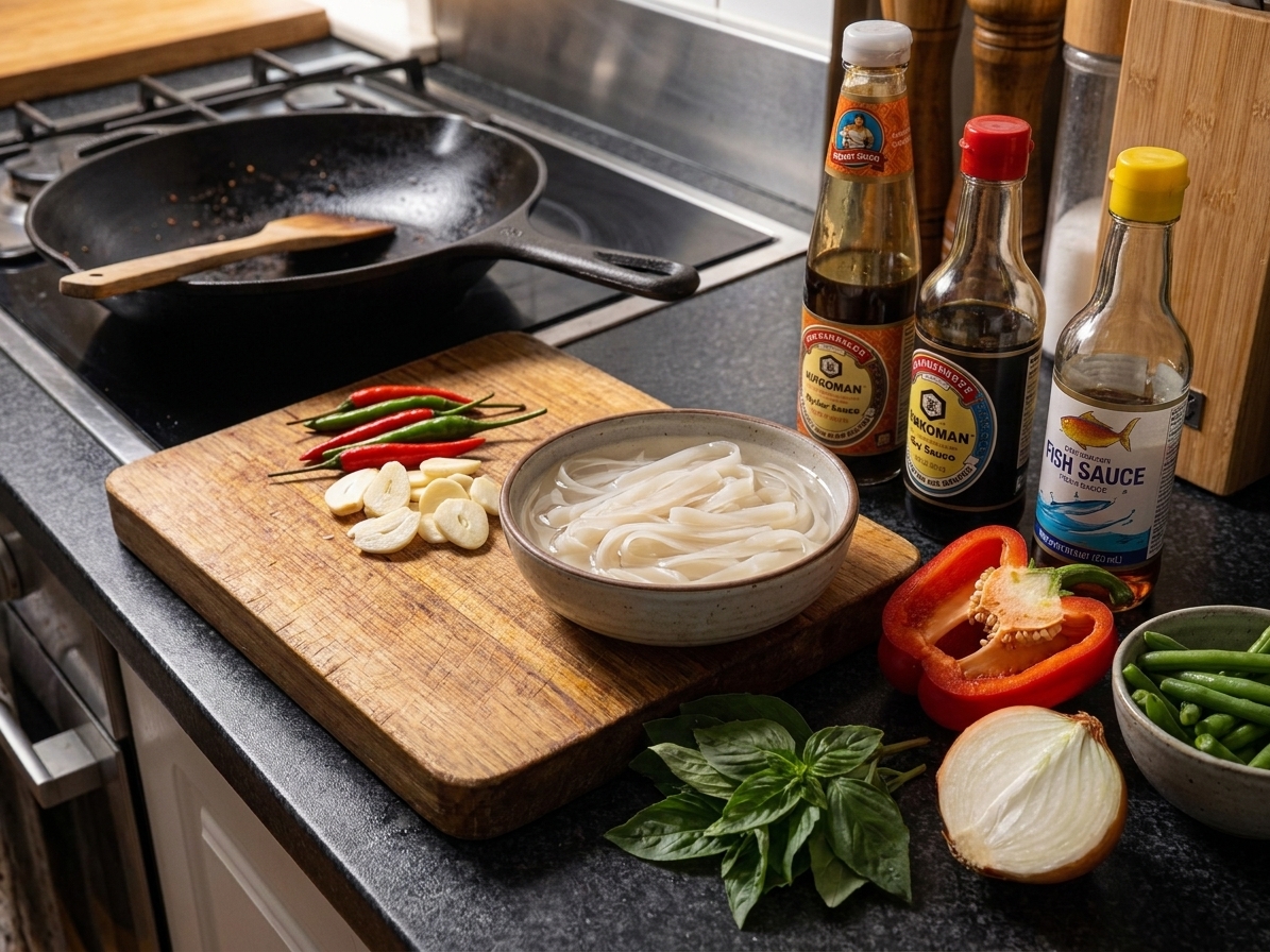 Pad kee mao ingredients arranged on a kitchen counter including wide rice noodles, Thai basil, garlic, chilies, bell peppers, onion, oyster sauce, soy sauce, and fish sauce