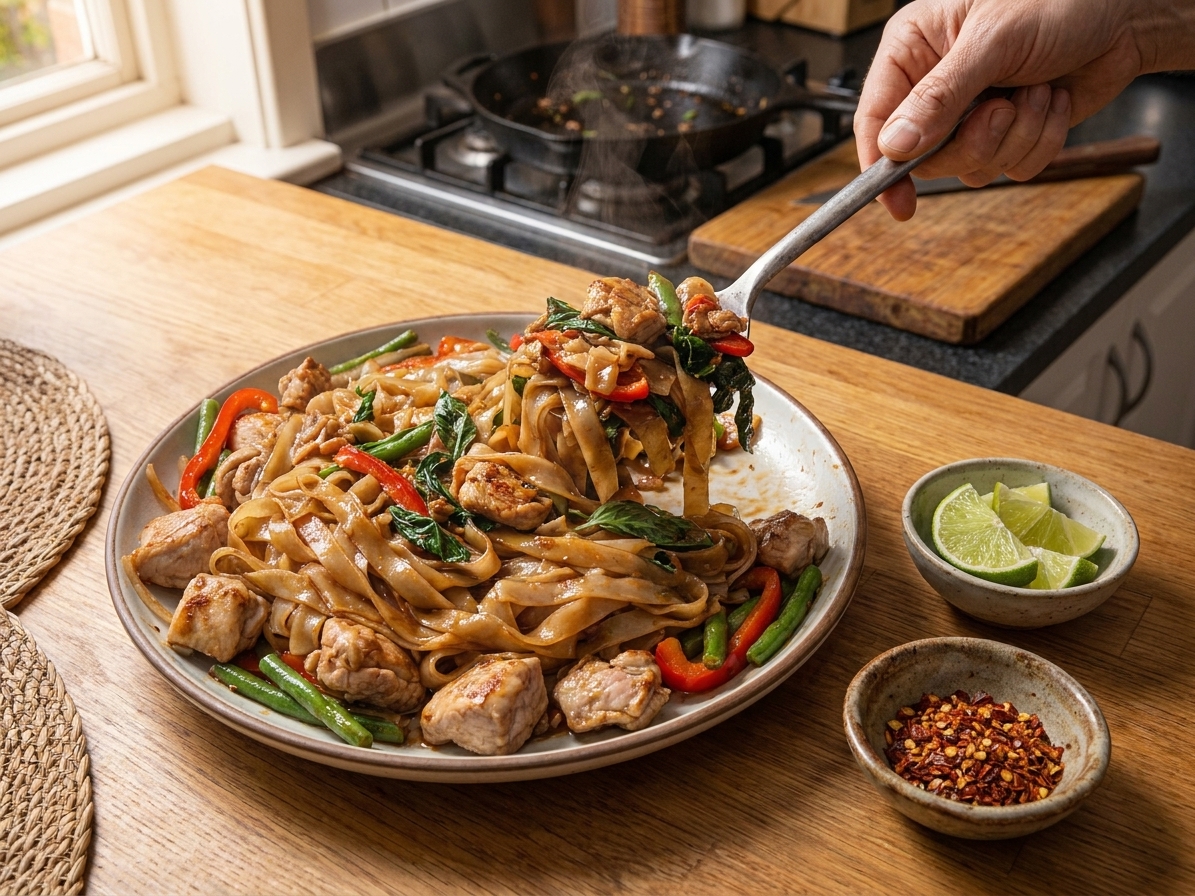 Pad kee mao served family-style on a warm kitchen table with lime wedges and a small bowl of chili flakes nearby