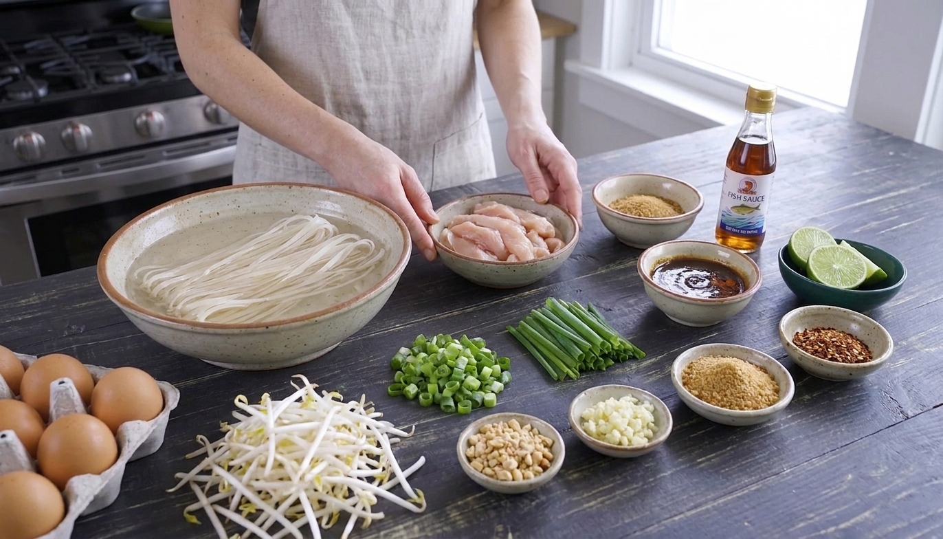 Pad thai ingredients laid out on a kitchen counter including rice noodles, chicken, eggs, bean sprouts, green onions, peanuts, garlic, lime, and small bowls of sauce components