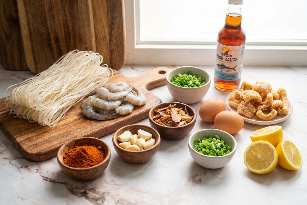 Palabok ingredients arranged on a kitchen counter, including rice noodles, shrimp, annatto powder, garlic, eggs, green onions, fish sauce, chicharron, smoked fish flakes, and lemon