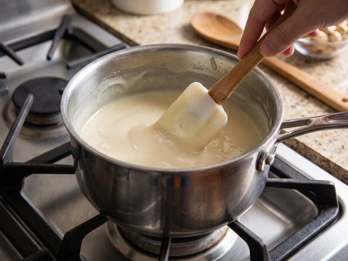 Pale custard being stirred with a rubber spatula in a saucepan on the stove, slightly thickened and glossy