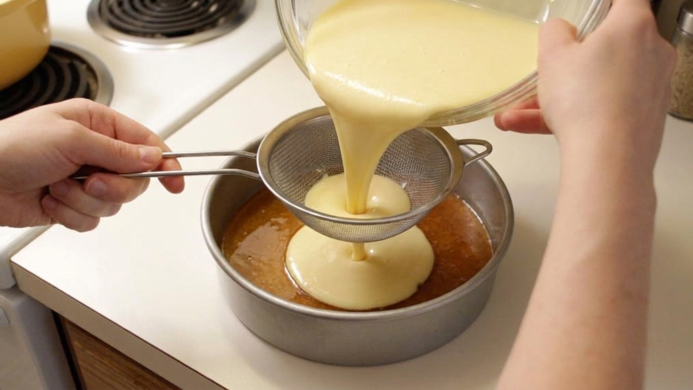 Pale custard mixture being poured through a fine mesh strainer into a caramel-lined cake pan