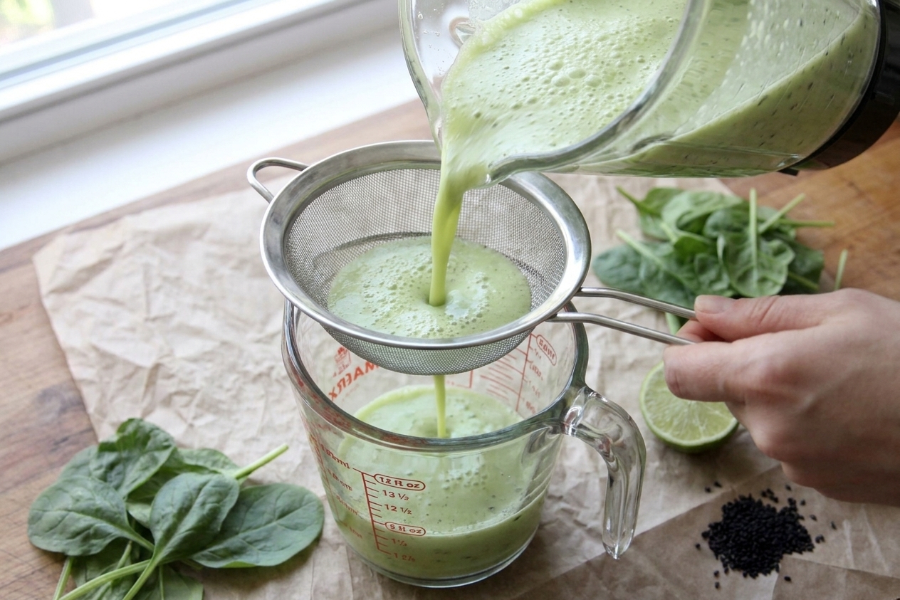 Pale green juice being poured through a fine-mesh strainer into a glass measuring cup on a kitchen counter