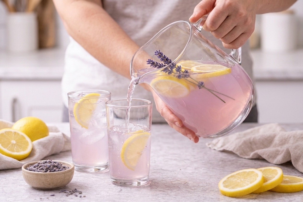 Pale purple lavender lemonade being poured from a pitcher into ice-filled glasses on a bright kitchen counter, with lemon slices and a small dish of lavender buds nearby