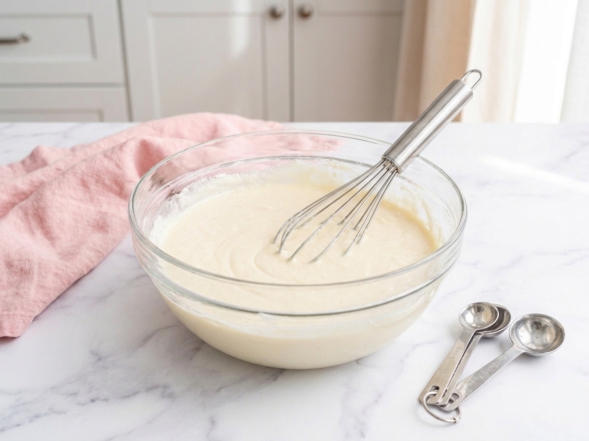 Pale vanilla cake batter in a mixing bowl with a whisk and measuring spoons nearby