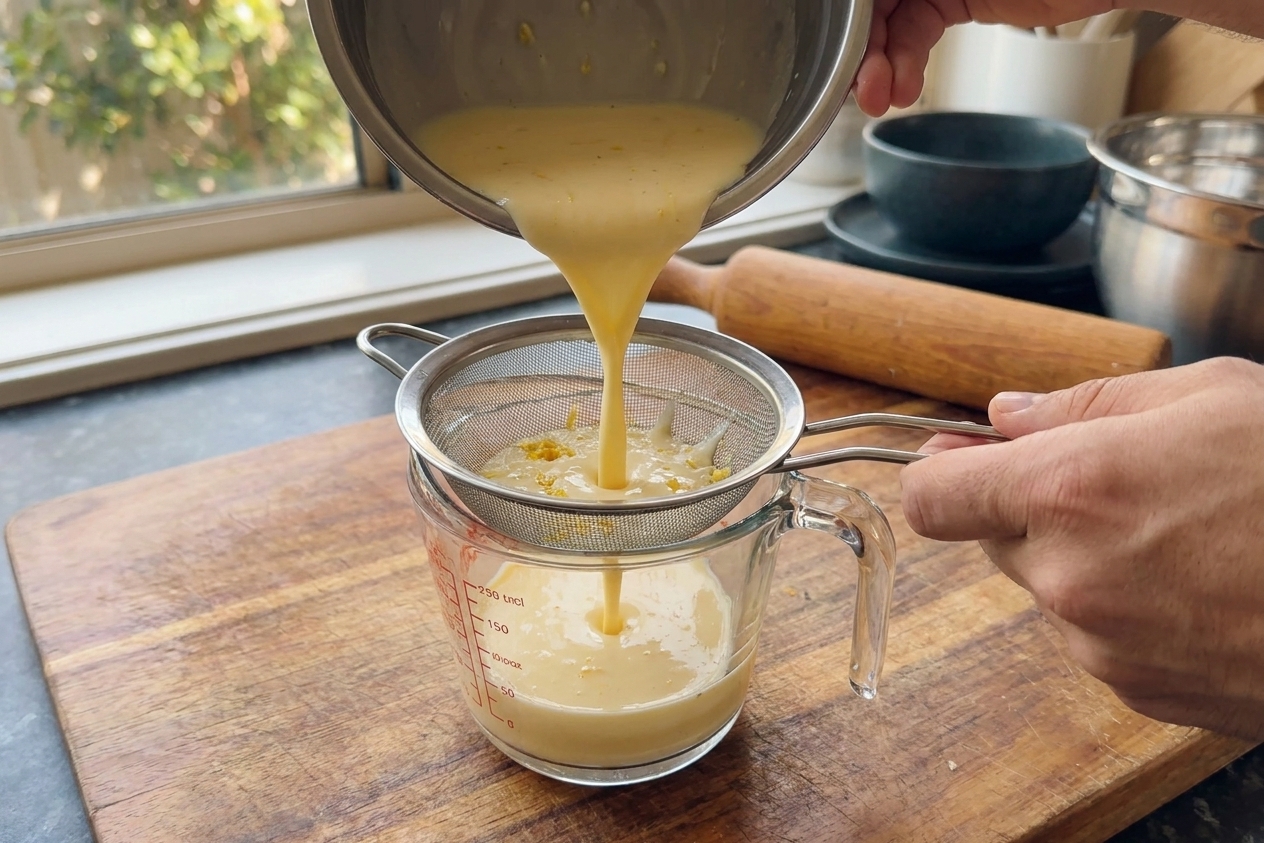 Pale yellow egg custard being poured through a fine mesh strainer into a glass measuring jug