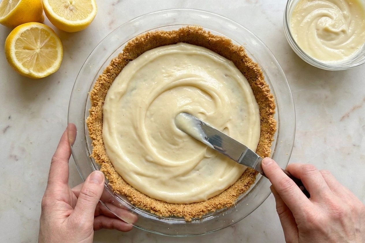 Pale yellow lemon filling being spread into a graham cracker crust in a pie dish