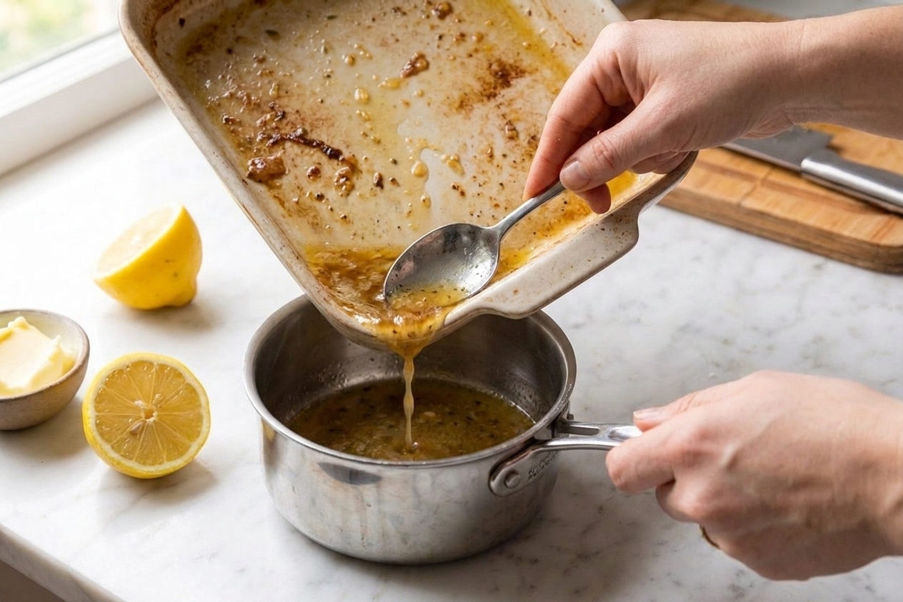 Pan drippings being scraped into a small saucepan to make a quick lemon butter sauce