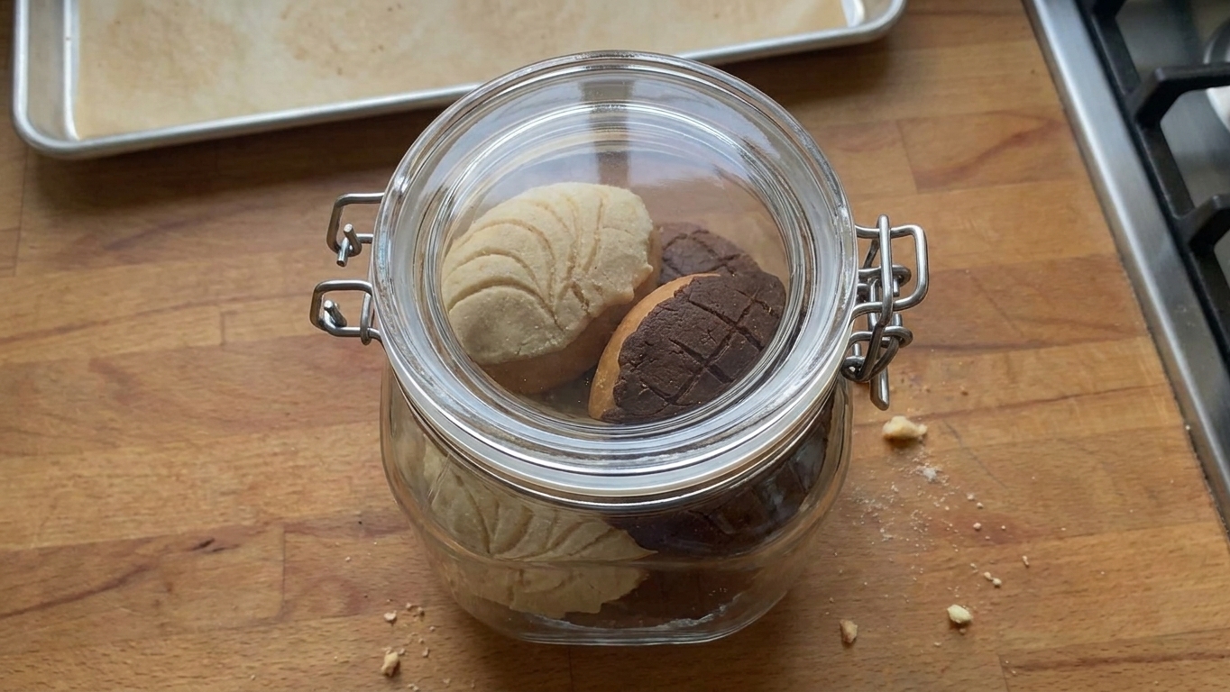Pan dulce conchas stored in a clear airtight container on a kitchen counter