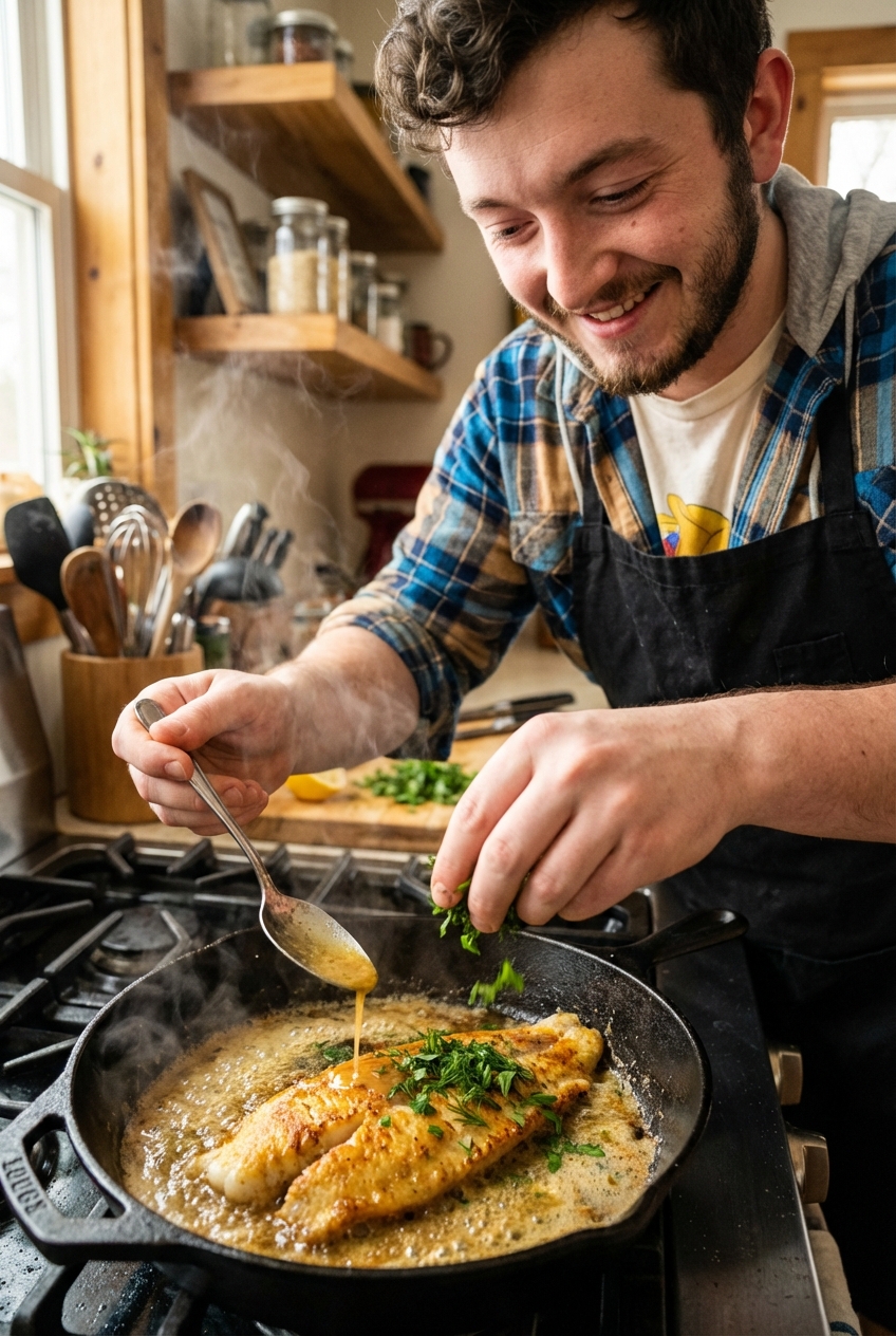 Pan-seared catfish in a skillet being spooned with citrus pan sauce and sprinkled with fresh herbs