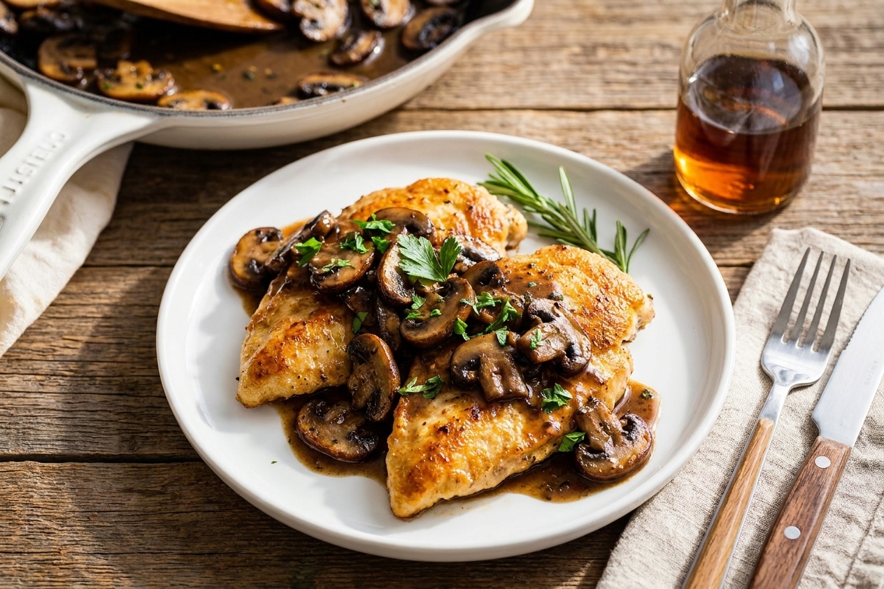 Pan-seared chicken cutlets on a white plate topped with mushroom Marsala sauce, served on a wooden table with a linen napkin