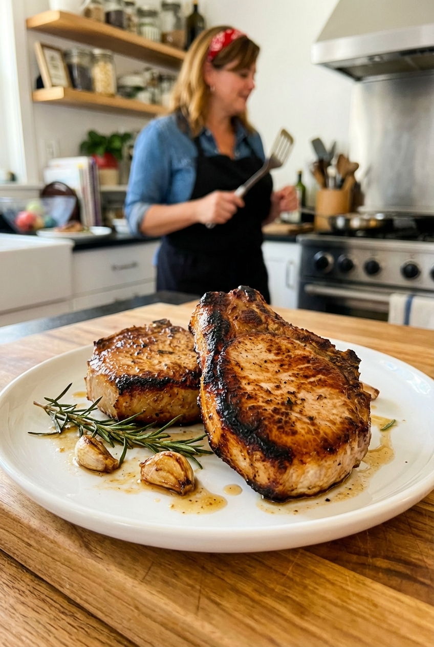 Pan-seared pork chops resting on a plate with browned edges