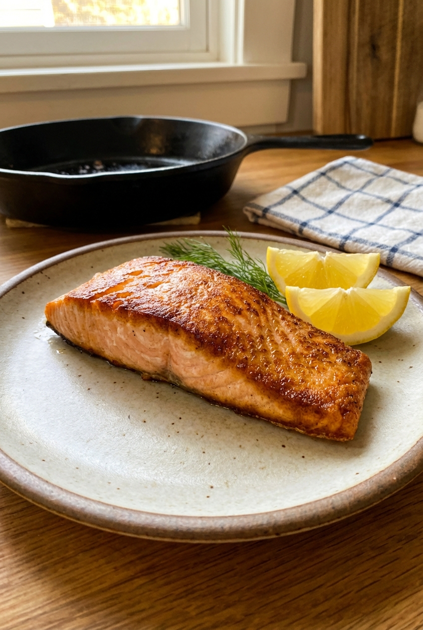Pan-seared salmon fillet with a golden crust and lemon wedges on the side