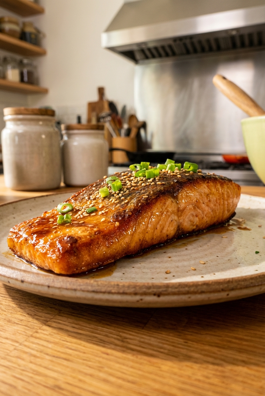 Pan-seared salmon fillet with a shiny glaze