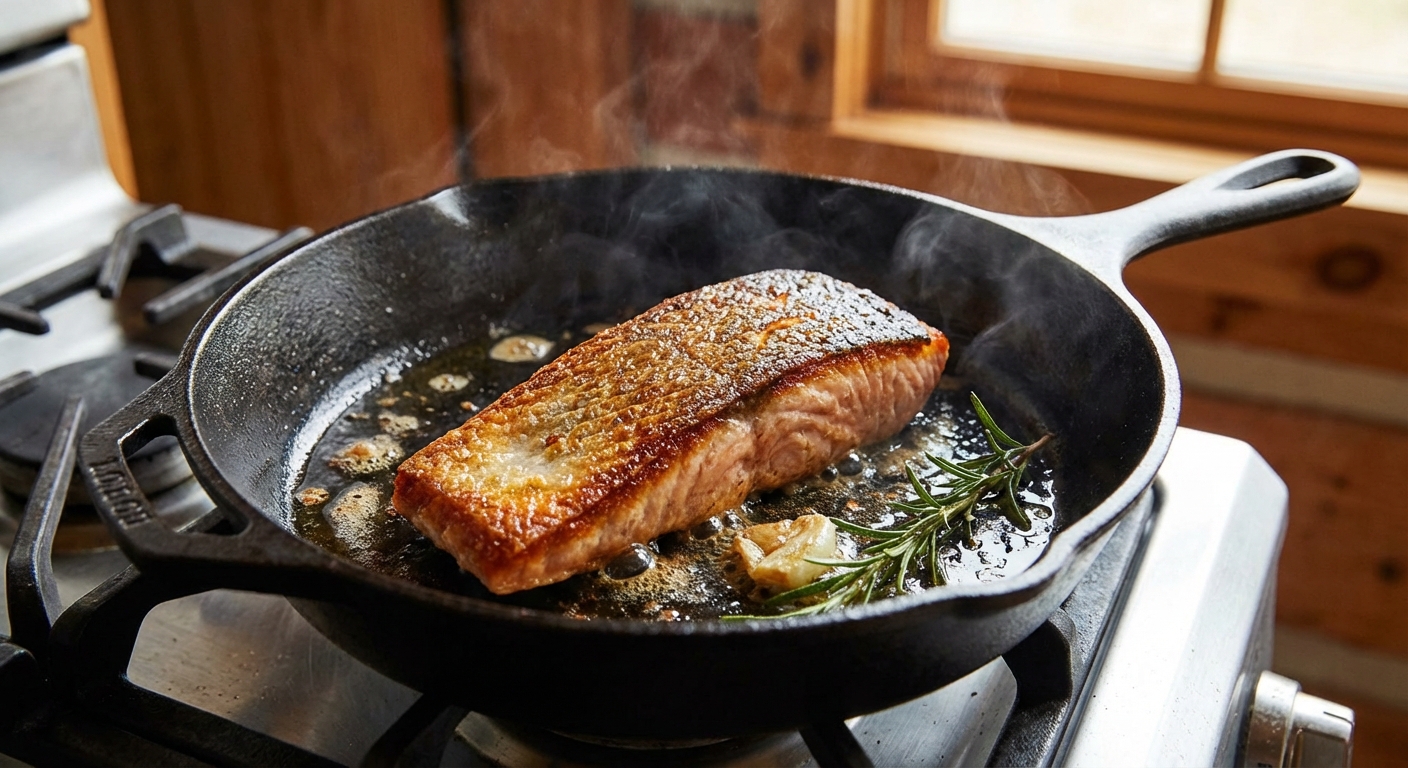 Pan-seared salmon fillet with crisp skin in a skillet