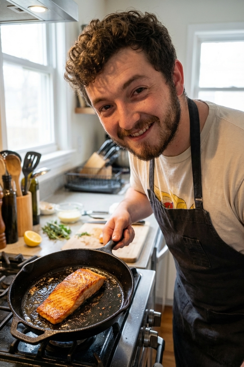 Pan-seared salmon fillet with crisp skin in a skillet