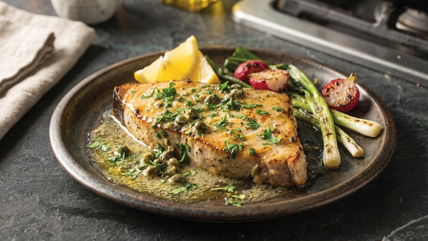 Pan-seared swordfish steak on a plate with lemon caper butter pooling around it, garnished with parsley, with lemon wedges on the side