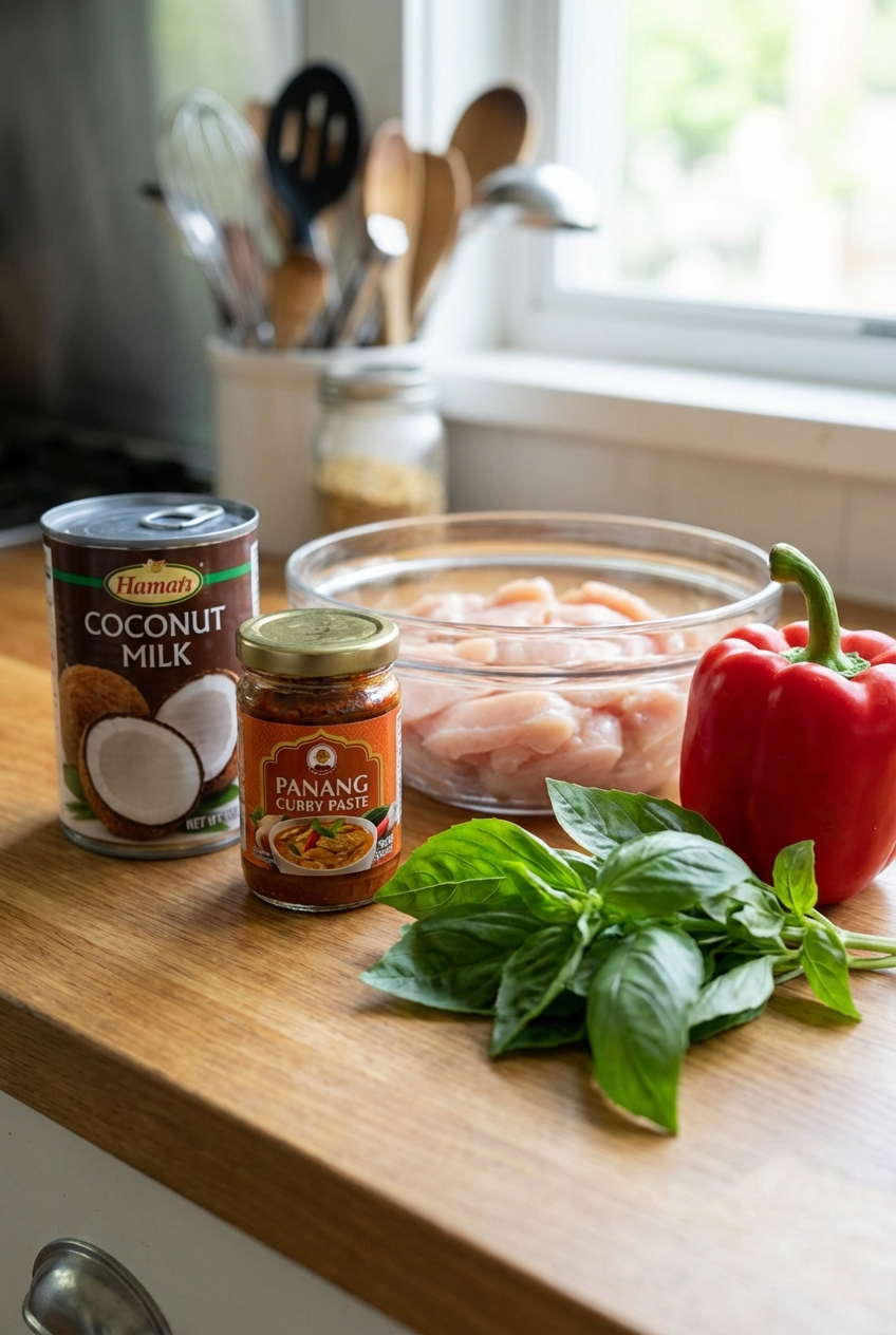 Panang curry ingredients on a counter including coconut milk, curry paste, chicken, bell pepper, and basil