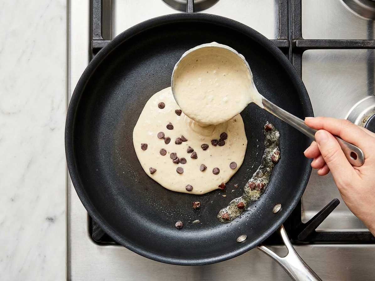 Pancake batter being poured onto a warm nonstick skillet with chocolate chips scattered on top