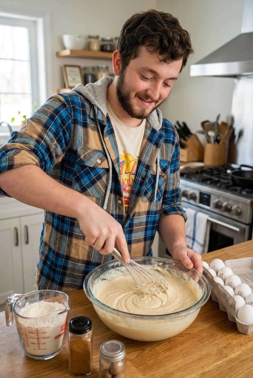 Pancake batter being whisked in a glass bowl on a kitchen counter with a measuring cup and spices nearby