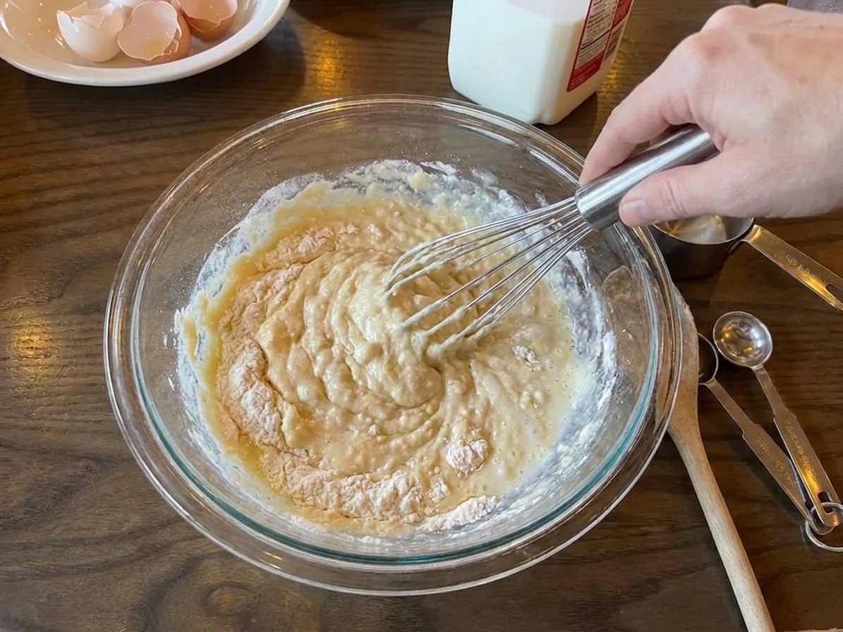 Pancake batter being whisked in a large bowl on a bright kitchen counter