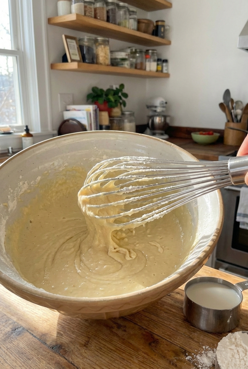 Pancake batter being whisked in a mixing bowl on a countertop with a measuring cup nearby