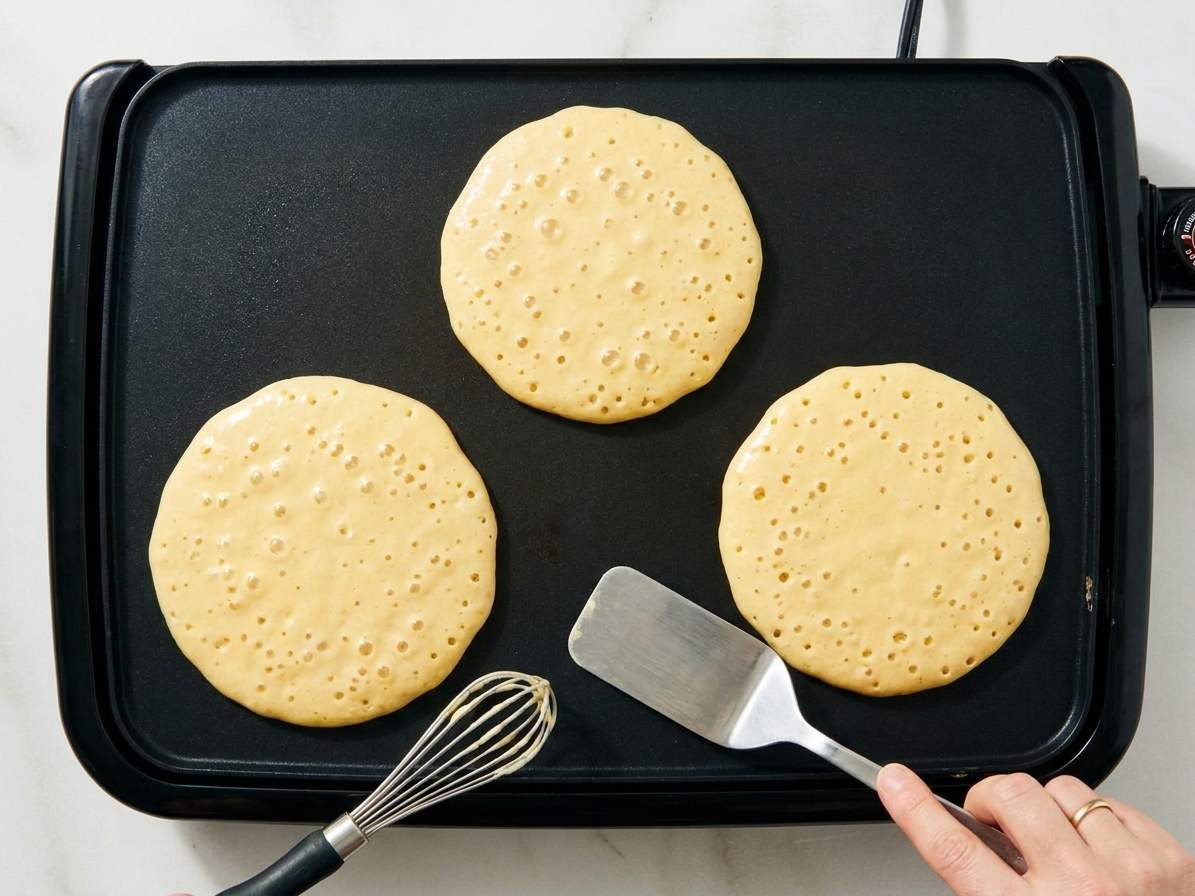 Pancake batter circles cooking on a flat griddle with bubbles forming on the surface before flipping