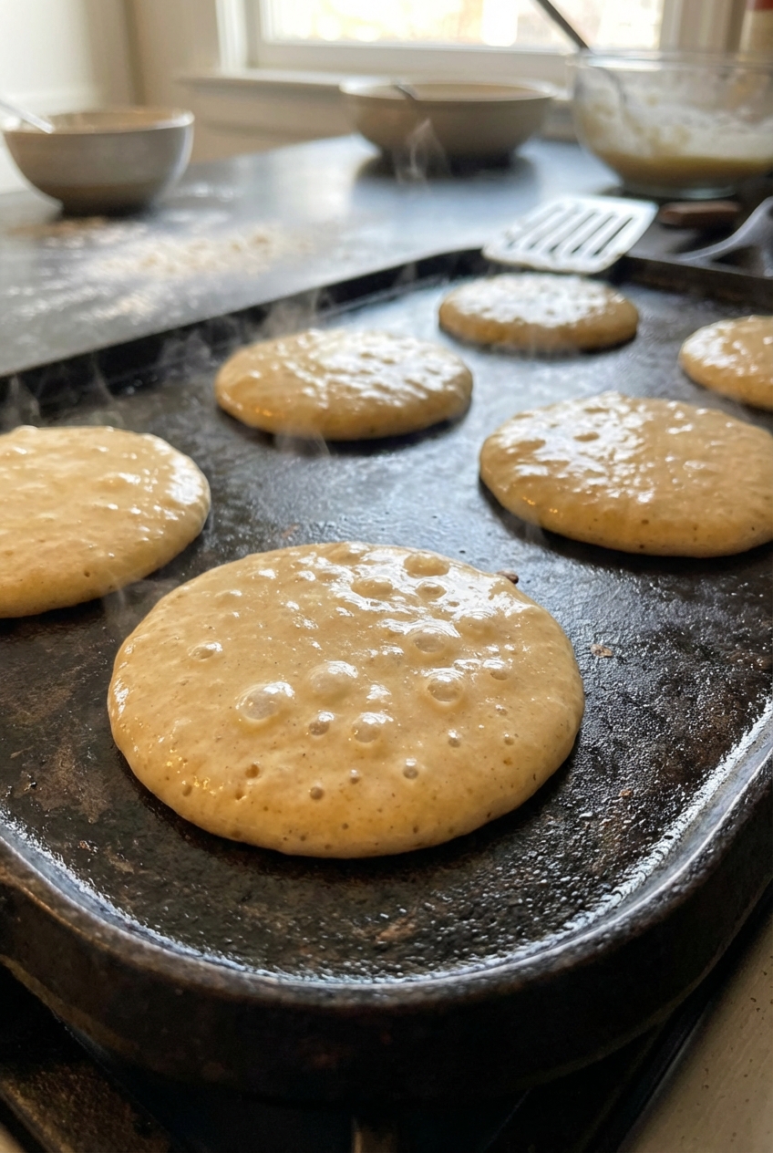 Pancake batter circles cooking on a hot griddle with bubbles forming on the surface