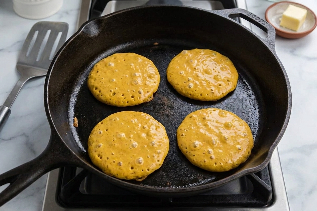 Pancake batter cooking in a skillet with bubbles forming on the surface and edges beginning to set