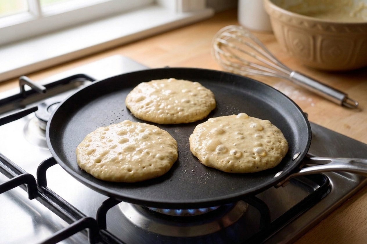 Pancake batter cooking on a griddle with bubbles forming on the surface and edges beginning to set