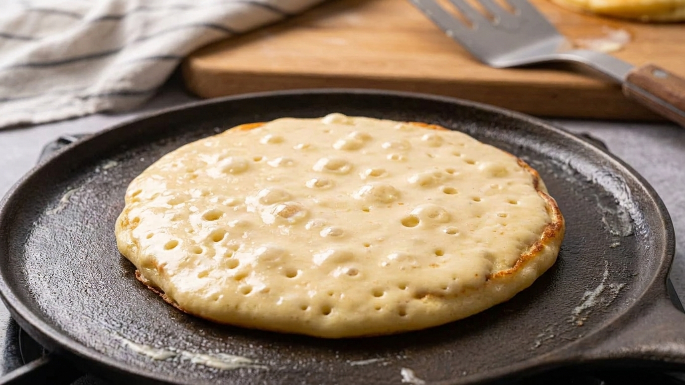 Pancake batter cooking with bubbles forming on the surface and edges starting to set