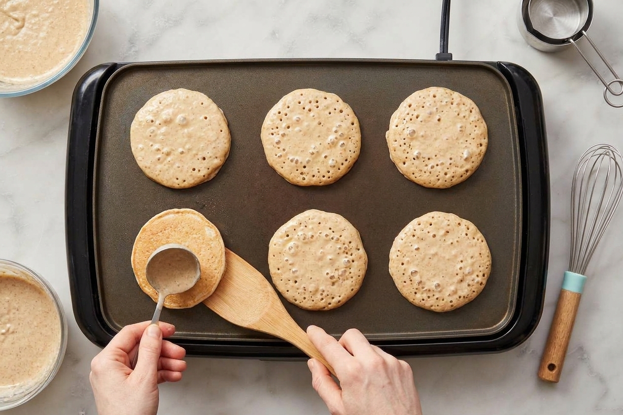 Pancake batter portioned into rounds cooking on a hot griddle with bubbles forming on the surface
