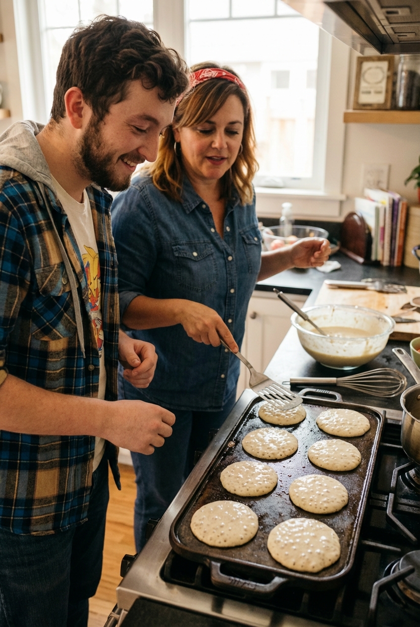 Pancakes cooking on a cast iron griddle with bubbles forming on top and a spatula nearby