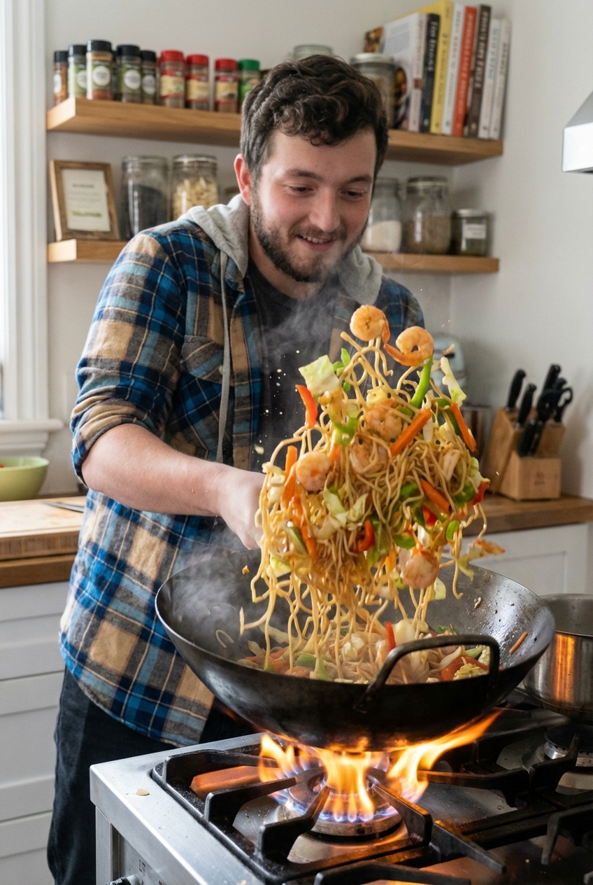 Pancit noodles being tossed in a large wok with vegetables and shrimp over high heat