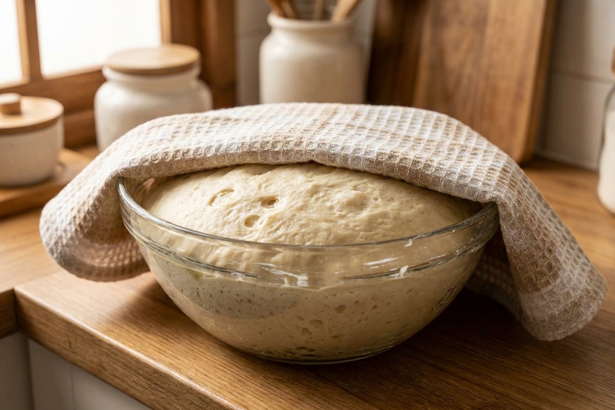Pandesal dough rising in a greased glass bowl covered with a clean kitchen towel on a warm kitchen counter
