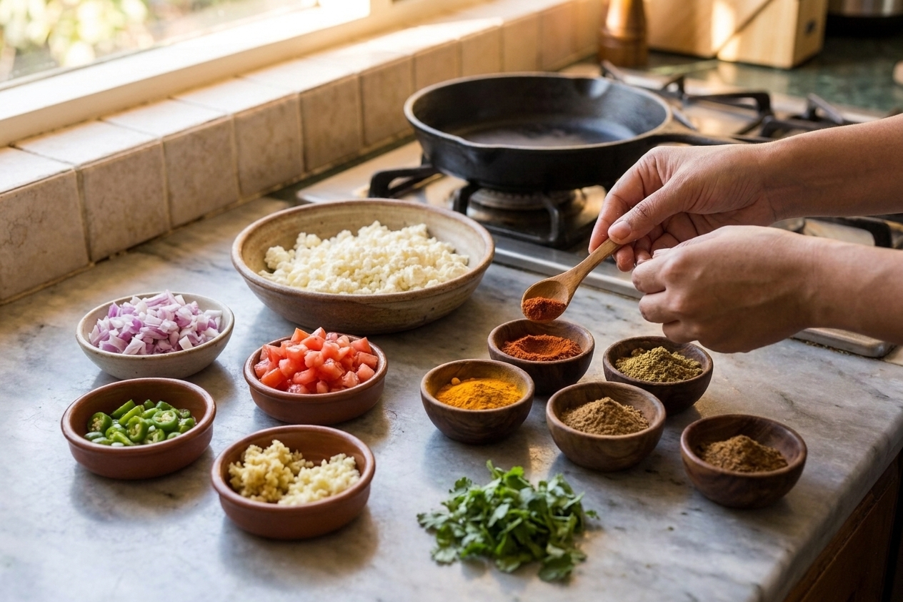 Paneer, chopped onions, chopped tomatoes, green chiles, ginger, garlic, and small bowls of ground spices arranged on a clean kitchen counter with warm natural light