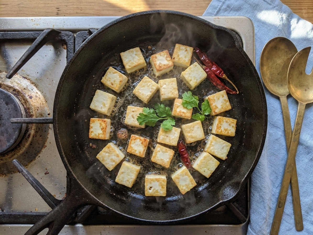 Paneer cubes sizzling in a skillet with light golden edges forming