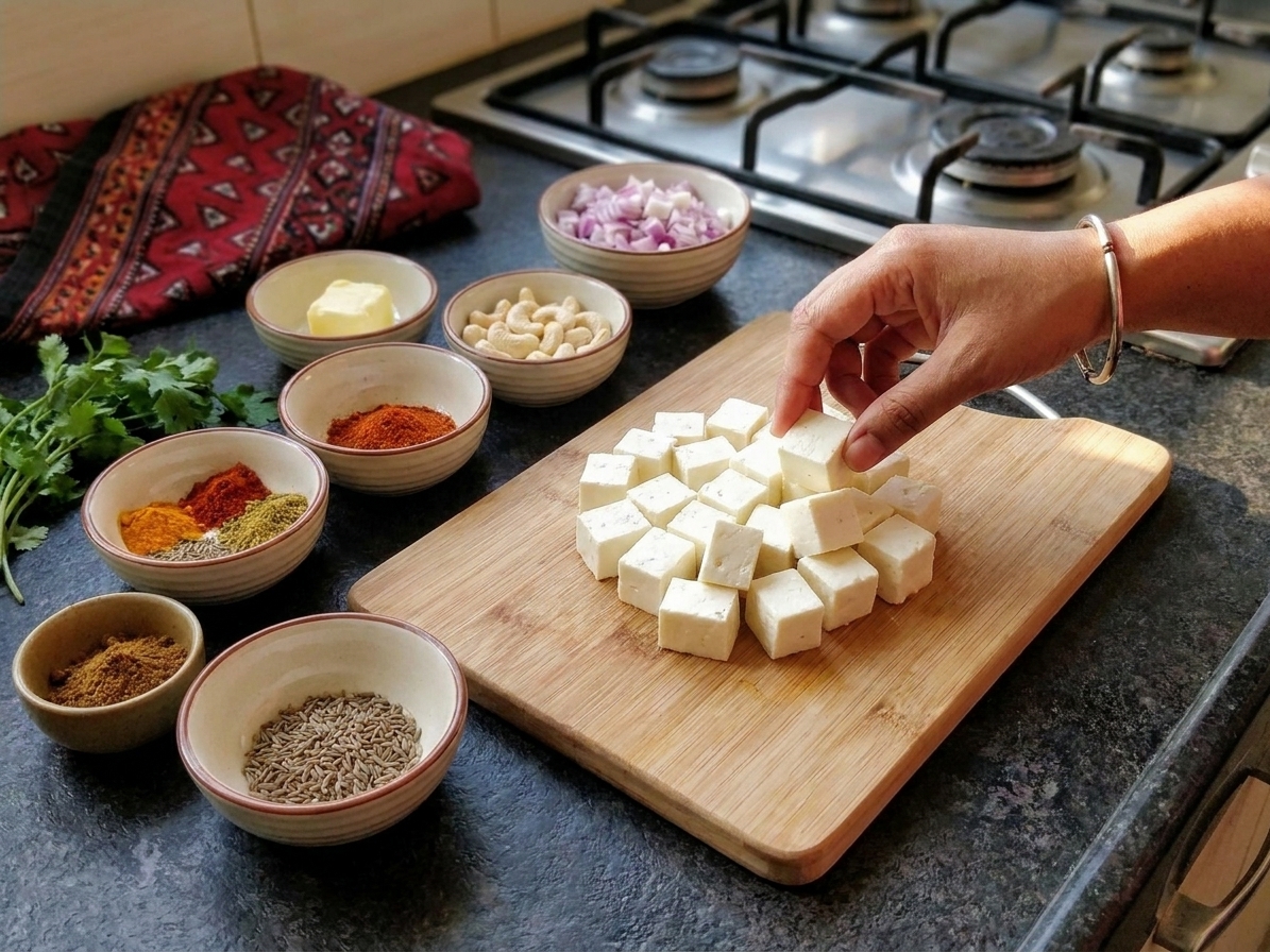 Paneer cut into neat cubes on a wooden cutting board beside small bowls of spices on a bright kitchen counter