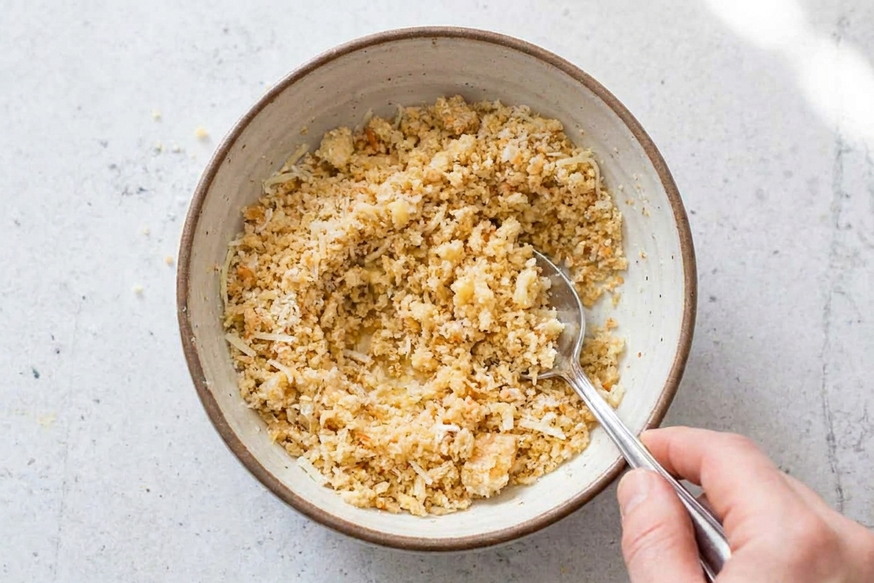Panko breadcrumbs and parmesan mixed with melted butter in a bowl, crumbly and evenly coated