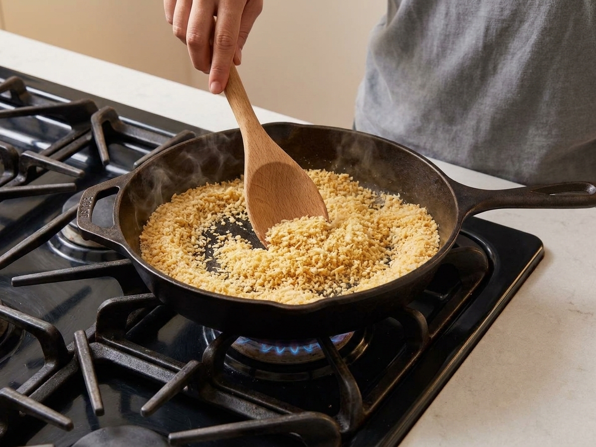 Panko breadcrumbs being toasted in a skillet until lightly golden, with a wooden spoon stirring on a stovetop under warm kitchen lighting