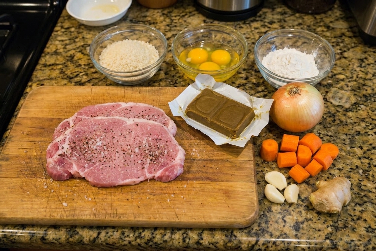 Panko breadcrumbs, eggs, flour, pork cutlets, curry blocks, onion, carrot, garlic, and ginger arranged on a clean kitchen counter with small bowls for prep