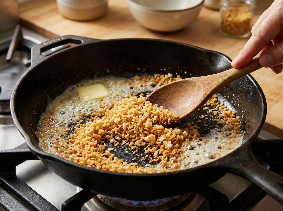 Panko breadcrumbs toasting in a buttered skillet with minced garlic, turning golden brown