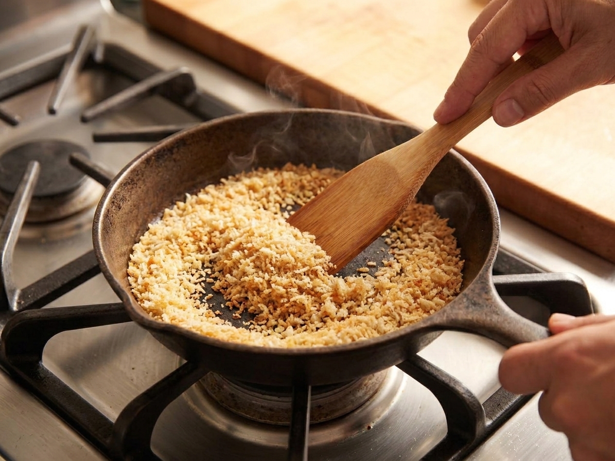 Panko breadcrumbs toasting in a small skillet on a stovetop with a wooden spoon stirring