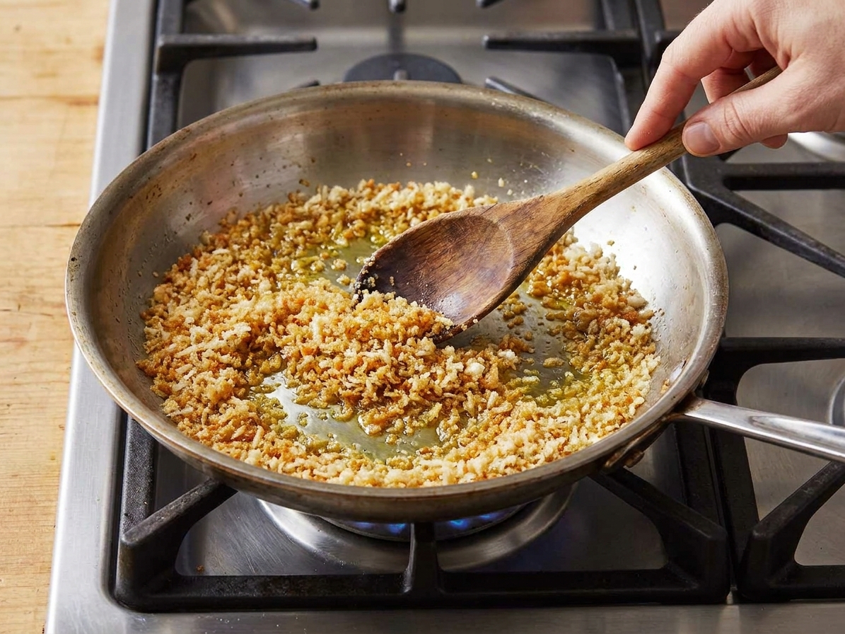 Panko breadcrumbs toasting in olive oil in a skillet on a stovetop, turning golden as they are stirred with a wooden spoon