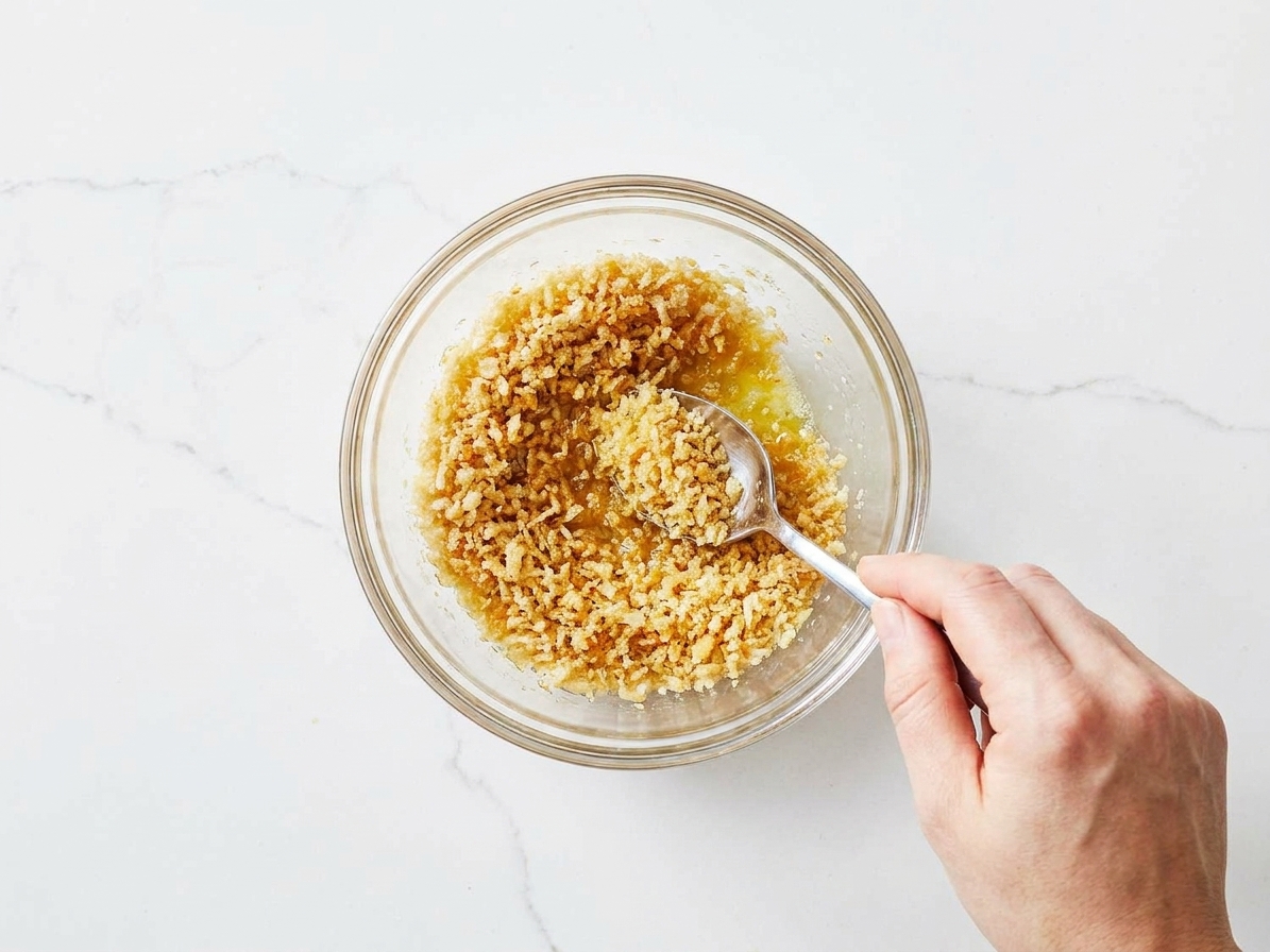 Panko breadcrumbs tossed with melted butter in a small bowl with a spoon on a kitchen counter