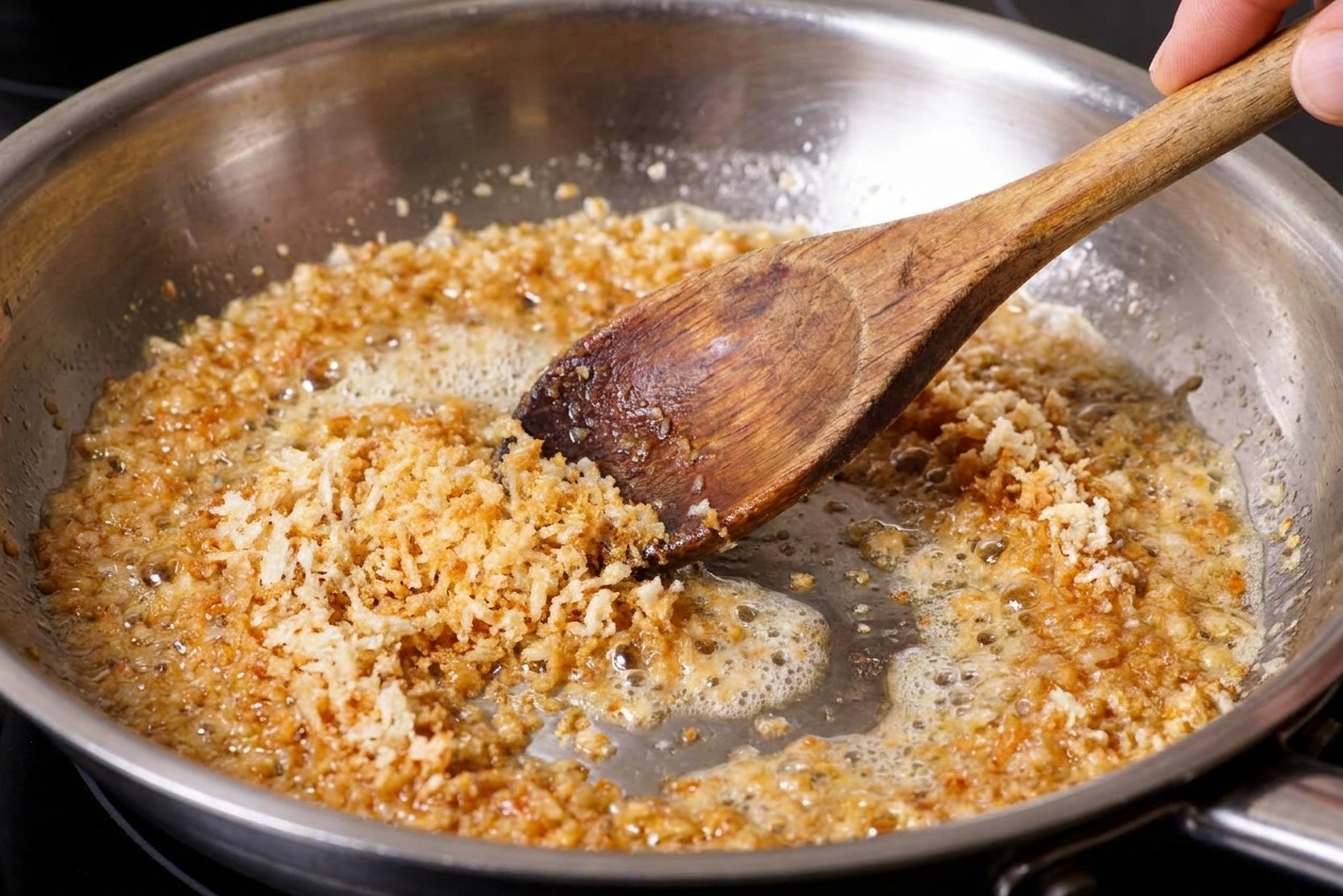 Panko breadcrumbs turning golden in a skillet with butter, stirred with a wooden spoon