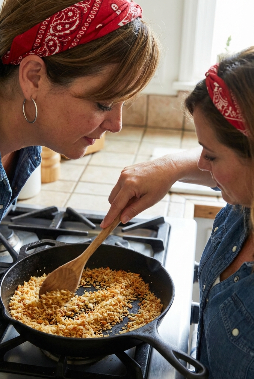 Panko breadcrumbs turning golden in a small skillet as they are stirred with a wooden spoon